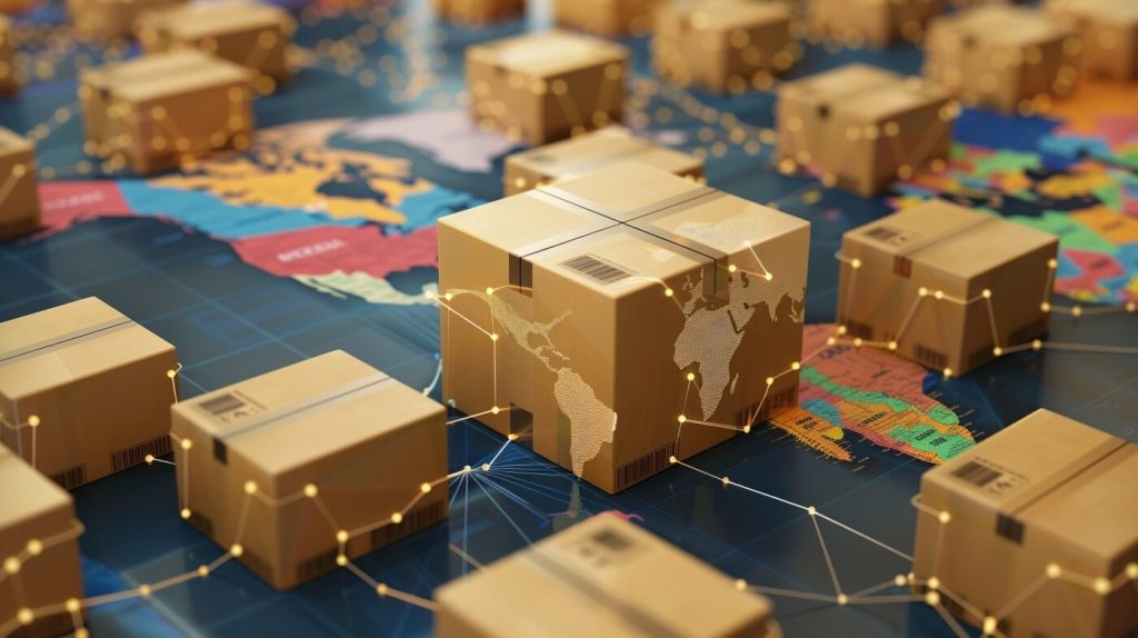 Supply chain illustration of boxes laid out on a map to represent navigating material shortages